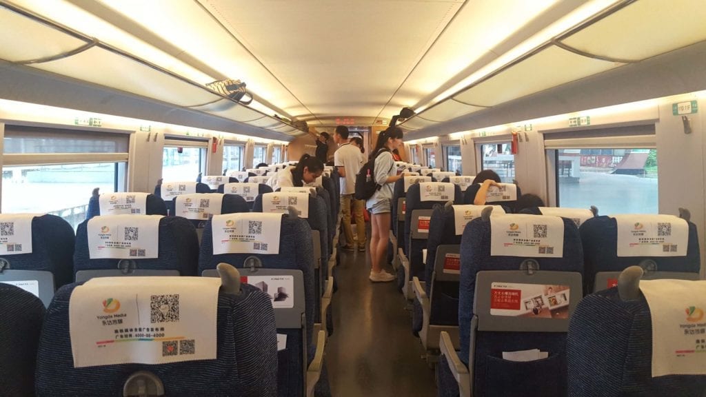 A photo of the interior of a train from Guilin to Zhangjiajie China