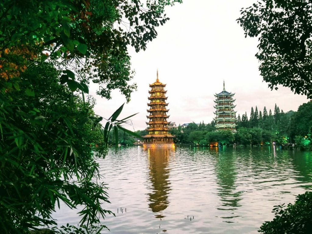 Sun & Moon Pagodas which is one of the things to do in Guilin, Guilin activities, guilin yangshuo, guilin china, guilin itinerary, things to do in guilin at night