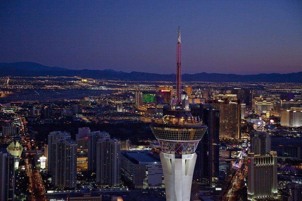 An image of the Stratosphere Hotel & Casino we recommend as cheap accommodation in Las Vegas