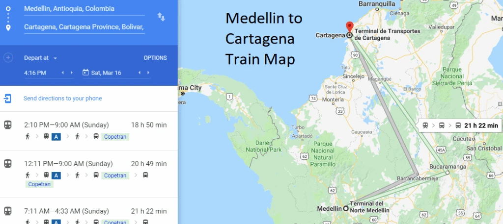 Colombia train travel map for overnight or those who don't like air flights