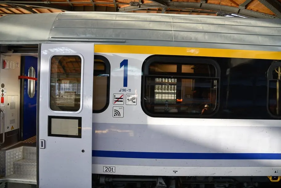 Wroclaw to Warsaw train waiting at Wroclaw Glowny station (InterCity First Class carriage)