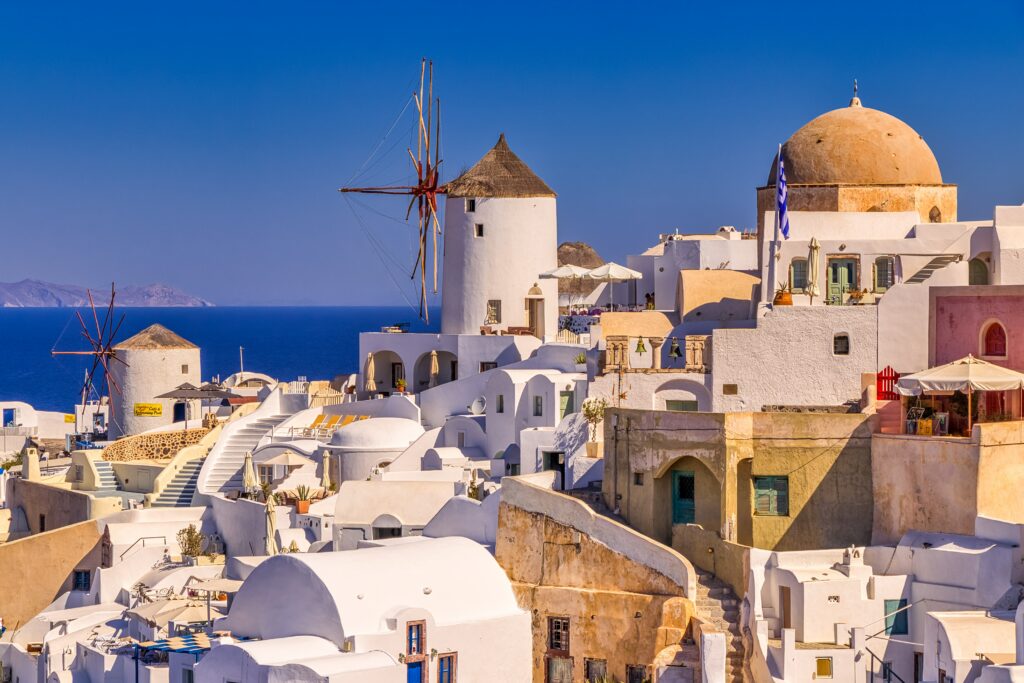 Santorini white houses and iconic windmill